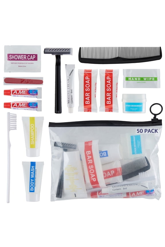Wholesale Case of 50 Basic Hygiene Kits for Donations – Bulk Toiletry Supplies in Zip Pouch – Perfect for Donations Homeless Shelters, Relief Efforts & Charity Drives (50ct)