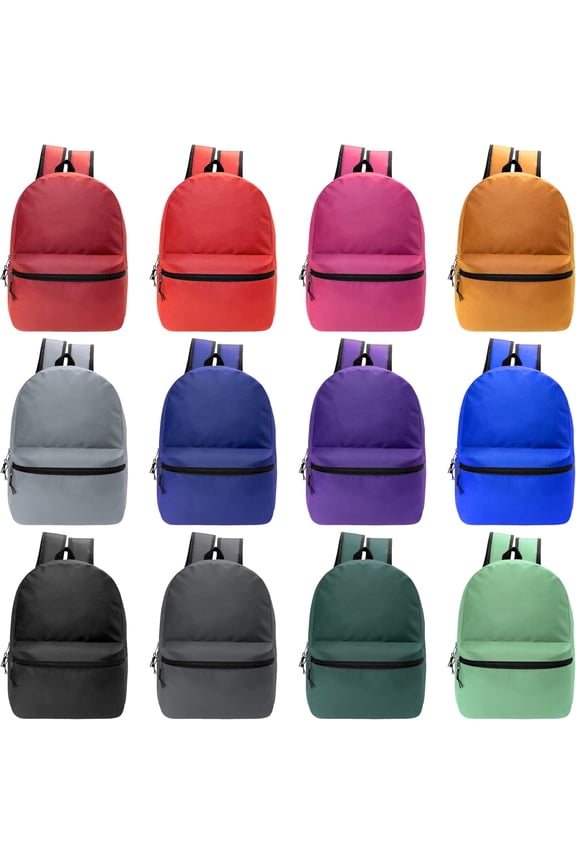 Wholesale Classic 15" Basic Backpack in 12 Assorted Colors - Bulk Case of 24 Bookbags