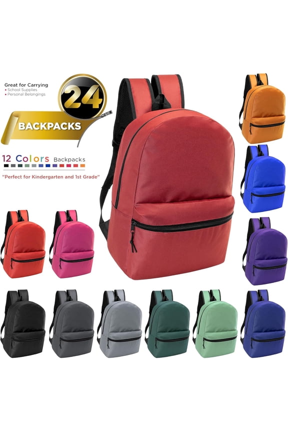 Wholesale Classic 15" Basic Backpack in 12 Assorted Colors - Bulk Case of 24 Bookbags