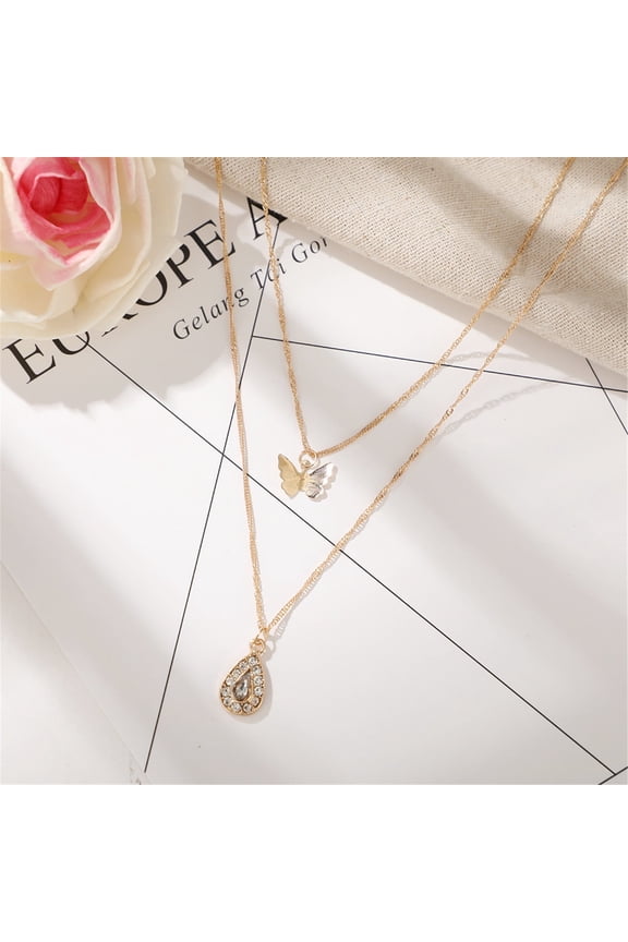 Wholesale Fashion Jewelry Butterfly Water Drop Alloy Multilayer Necklace