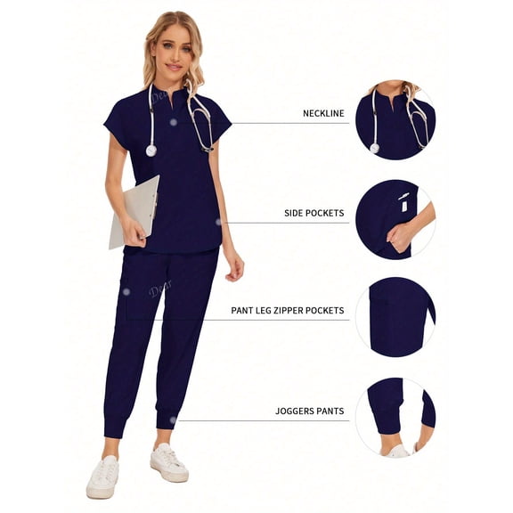 Wholesale Fashion Scrub Suits Dental Hospital Uniform Set Solid Color Surgical Gown Pocket V-Neck Scrubs Sets For Women Joggers Pants Suit
