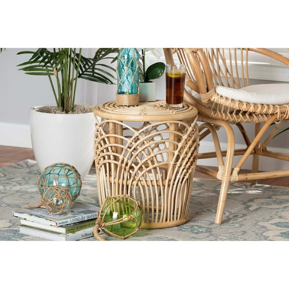Wholesale Interiors Contemporary Rattan Round End Table, Natural Brown