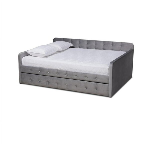 Wholesale Interiors Jona Modern and Contemporary Transitional Grey Velvet Fabric Upholstered and Button Tufted Queen Size Daybed with Trundle