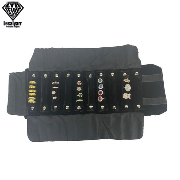 Wholesale Jewelry Roll Bag Portable Carring Case Black Velvet Organizer Multi Functional Necklace Rings Earrings Storage Box B2