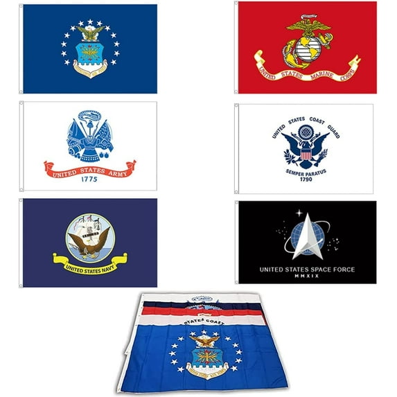 Wholesale Lot of 6 Branches Military Flags, 3x5 foot Grommets, , Space Force, US Navy, Guard, Army Polyester Flags Set (pack of 6)