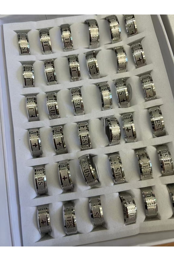 Wholesale Lots 36pcs Stainless Steel Ring Cross I Love Jesus Men Wedding Party