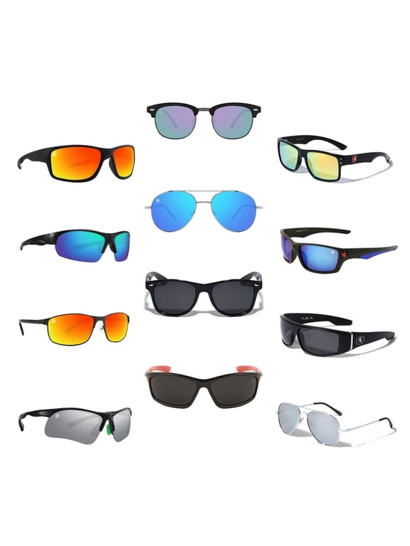 Wholesale Mens Assorted Sport Casual Sunglasses Dozen with 12 Microfiber Soft Pouches