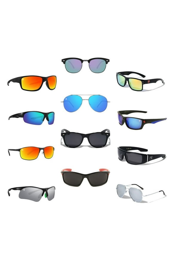 Wholesale Mens Assorted Sport Casual Sunglasses Dozen with 12 Microfiber Soft Pouches