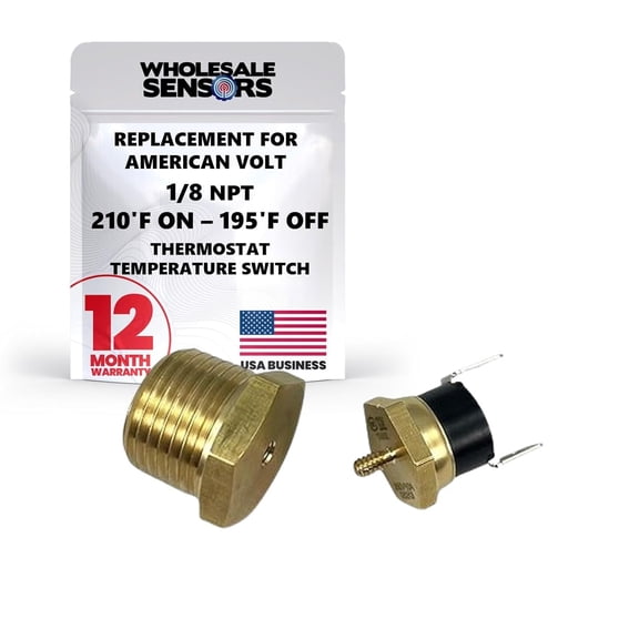 Wholesale Sensors Replacement for American Volt Electric Radiator Fan Thermostat Temperature Switch with Thread-In Brass Probe (1/8" NPT, 210F on - 195F off) 12 Month Warranty