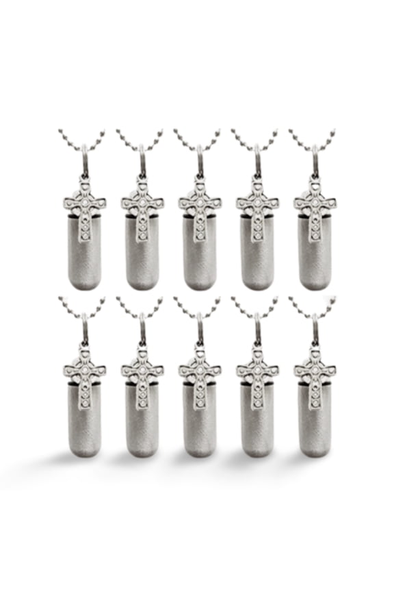 Wholesale Set of TEN - Brushed Silver CELTIC CROSS CREMATION URN Necklaces with ENGRAVED Hearts - Includes 10 Velvet Pouches, 10 Ball-Chains and and Fill Kit