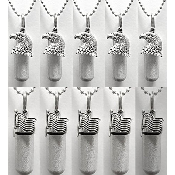 Wholesale Set of TEN Brushed Silver PATRIOTIC CREMATION URNS (5 Bald Eagle & 5 USA Flag) w/ENGRAVED FLAGS - Includes 10 Velvet Pouches, 10 Ball Chains & Fill Kit