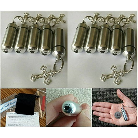 Wholesale Set of 10 - Silver LACE CROSS Cremation Urn Keepsakes with Laser ENGRAVED Hearts - Includes Velvet Pouches, Ball-Chains & Fill Kit