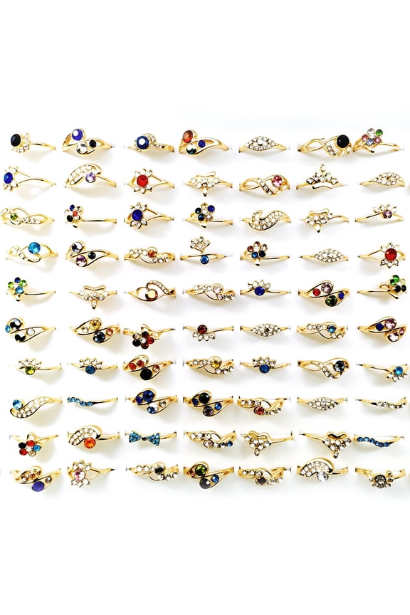 Wholesale Set of 50 Women's Rings for Resale Colorful Rhinestone Rings - Women's Vintage Style (50-Piece Pack in OPP Bags)