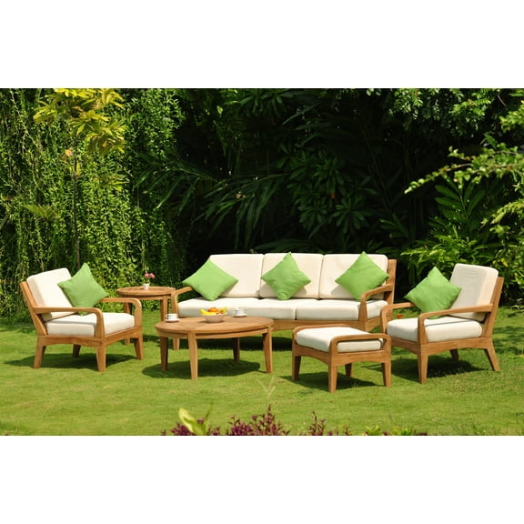 Wholesale Teak Outdoor Patio Grade-A Teak Wood Noida 6-Piece Teak Sofa Set - 3-Seater Sofa, 2 Lounge Chairs, 1 Ottoman, 1 Round Coffee Table and 1 Round End Table #WMSSNO2