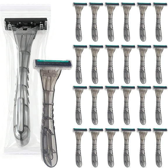 Wholesale Three-Blade Disposable Razors - 100 Pack (Gray), Stainless Steel Blades, Individually Packaged | For Travel, Guesthouses, Homeless