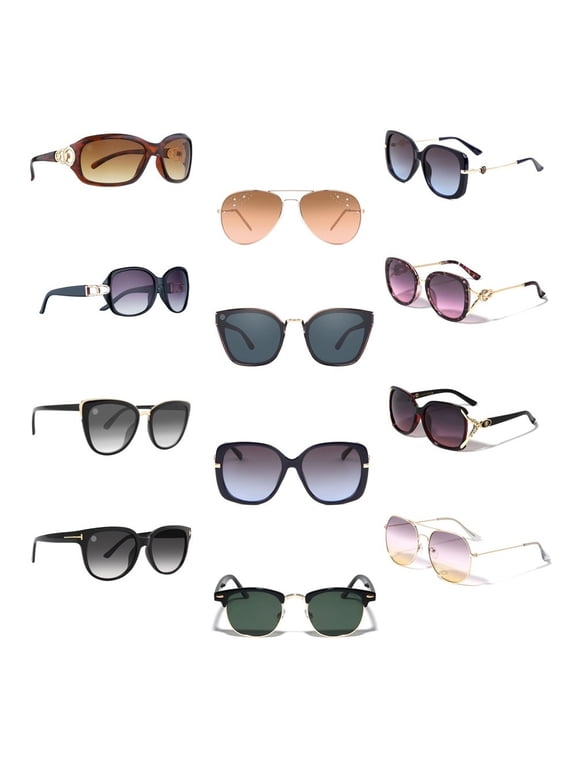 Wholesale Womens Assorted Fashion Sunglasses Dozen with 12 Microfiber Soft Pouches