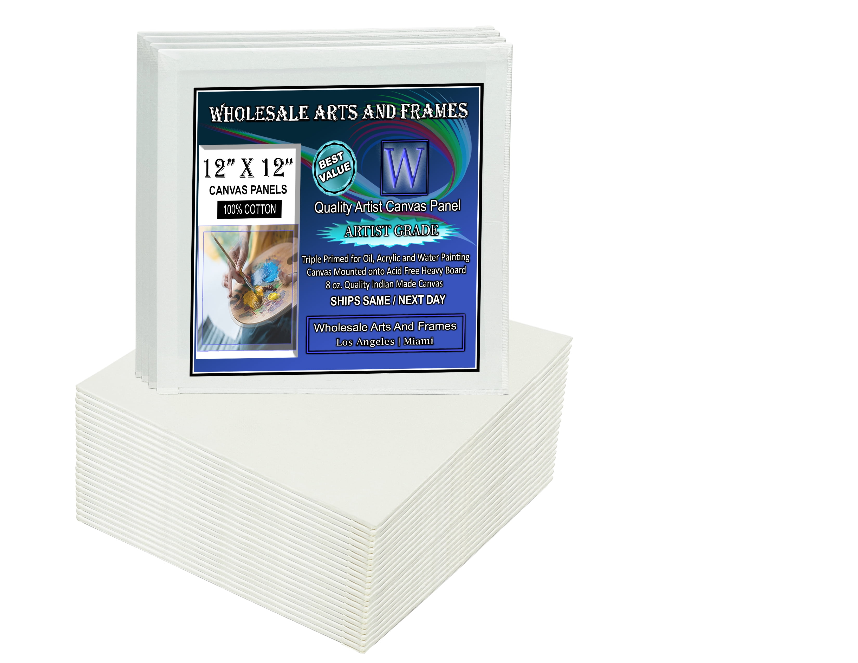 WholesaleArtsFrames-com 12x12 White Professional Artist Quality Acid Free Canvas Panels 100-Pack (1 Full Case of 100 Single Canvas Panels)