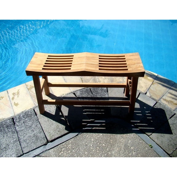 WholesaleTeak Outdoor Patio Grade-A Teak Wood 33" Double Curved Seat Shower / Bath Room / Pool / Spa Stool Friendship Bench #WMAXDCSB