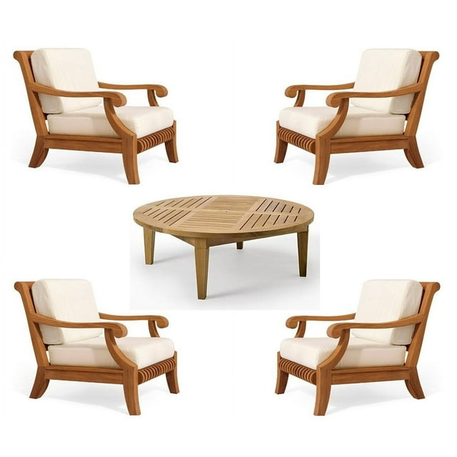 WholesaleTeak Outdoor Patio Grade-A Teak Wood 5 Piece Teak Sofa Set - 4 Lounge Chairs & 1 Round Coffee Table -Furniture only --Giva Collection #WMSSGV4