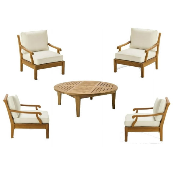 WholesaleTeak Outdoor Patio Grade-A Teak Wood 5 Piece Teak Sofa Set - 4 Lounge Chairs & 1 Round Coffee Table -Furniture only --Sack Collection #WMSSSK4