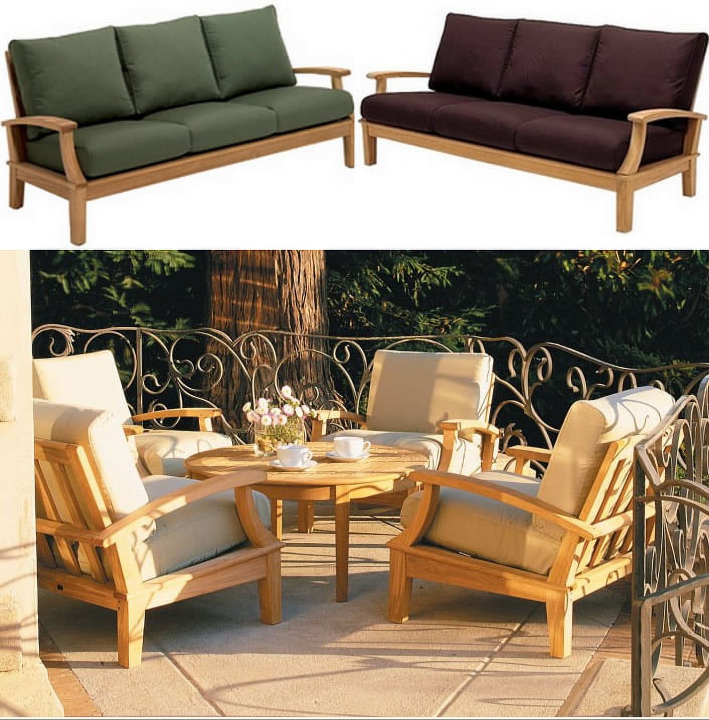 WholesaleTeak Outdoor Patio Grade-A Teak Wood 6 Piece Teak Sofa Set - 3-Seater Sofa, 2 Lounge Chairs, 2 Ottomans and 35" Round Coffee Table -Furniture only --Somer Collection #WMSSSA5 - image 1 of 5