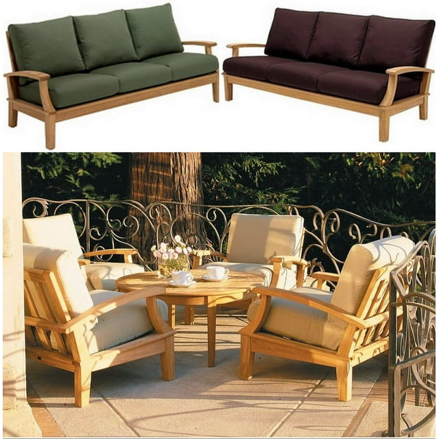 WholesaleTeak Outdoor Patio Grade-A Teak Wood 6 Piece Teak Sofa Set - 3-Seater Sofa, 2 Lounge Chairs, 2 Ottomans and 35" Round Coffee Table -Furniture only --Somer Collection #WMSSSA5