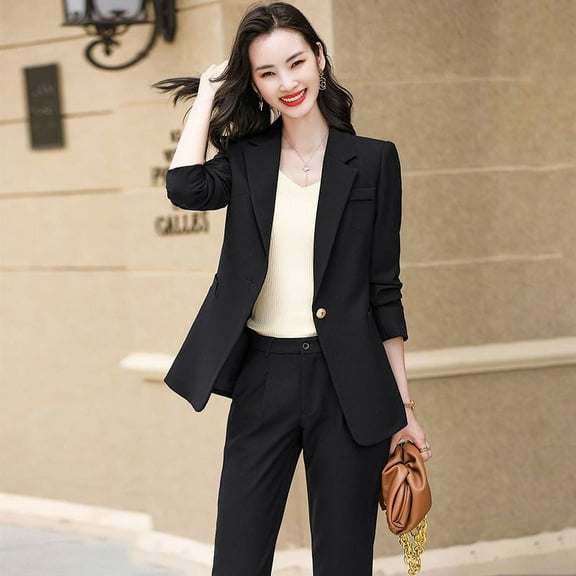 Wholesales Black High-quality two-Piece Suit Set Business Single Button Blazer Office Lady Women Jacket and Trouser