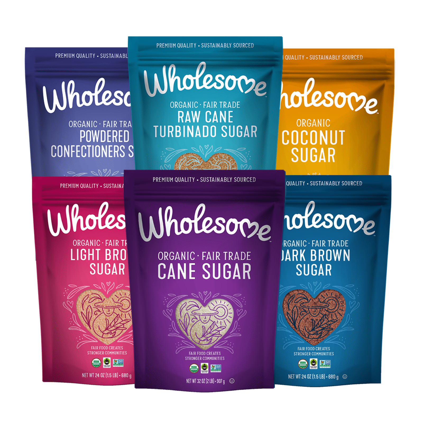 Wholesome Sugar Rainbow Pack, Cane, Light Brown, Dark Brown, Confectioners, Coconut & Raw Turbinado Bundle
