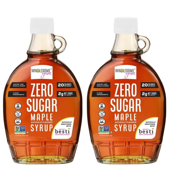 Wholesome Yum Zero Sugar Maple Syrup, Monk Fruit Allulose, 12 fl oz Glass Bottle, 2 Pack