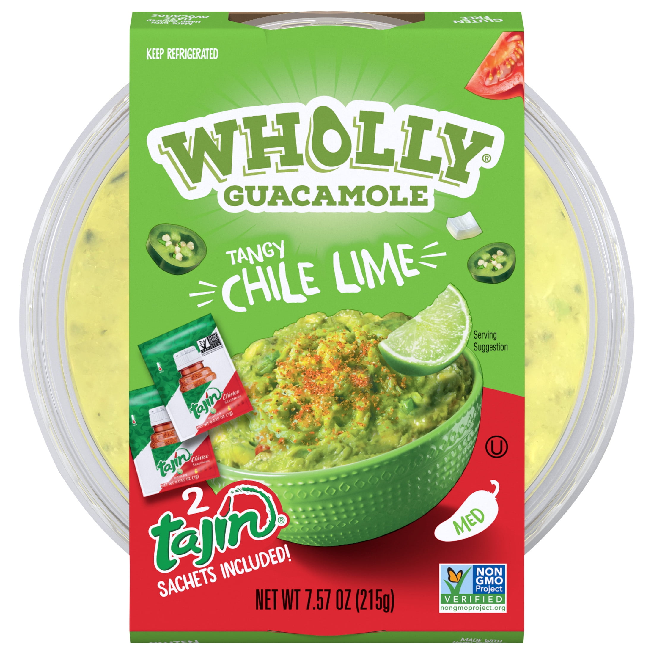 WHOLLY GUACAMOLE Chile Lime Medium, with 2 Tajn Seasoning Packets, Refrigerated, 7.5 oz Plastic Bowl