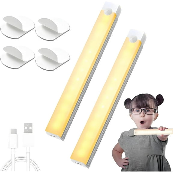 Whollyas Light, Conceptan Punch-Free Smart Sensor Magnetic Rechargeable LED Lights, 3.93/11.81inch Human Motion Sensor Wireless Night Lights, for Under Cabinet Bedroom Stair (Warm*2, 3.93in)