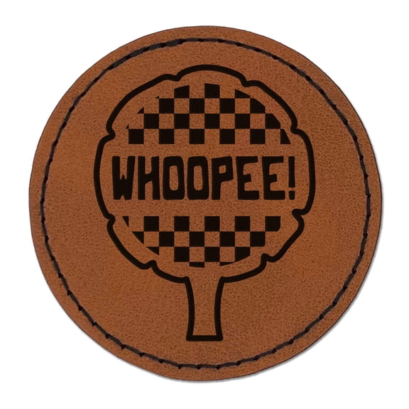 Whoopee! Funny Fart Cushion 2.5" Faux Leather Round Engraved Iron-On Patch - Brown