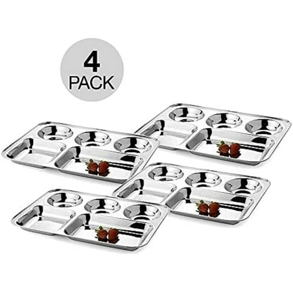 WhopperIndia Stainless Steel 5 Compartment Square Plate, Mess Tray, Dinner Plate, camping thali, restaurant thali, serving thali, reusable plate, Set of 4 pcs- 13 inch