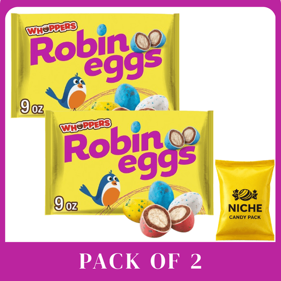 Whoppers Robin Eggs Malted Milk Balls Easter Candy Basket Stuffers - 9oz-2 pack-with candy pack