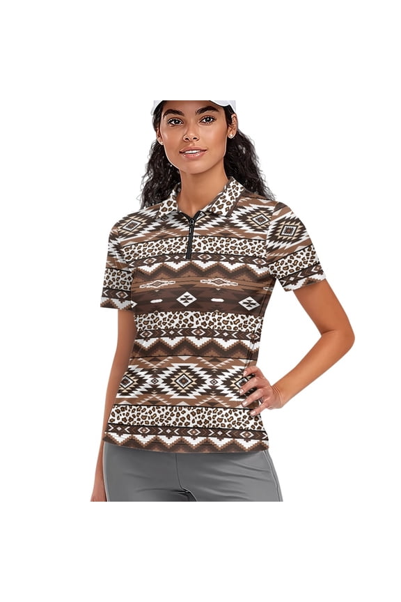 1/4 Zip Golf Short Sleeve Top, Geometric Leopard Pattern Polyester Lightweight Soft Polo Shirts for Tennis Bowling Sports Training Size Medium