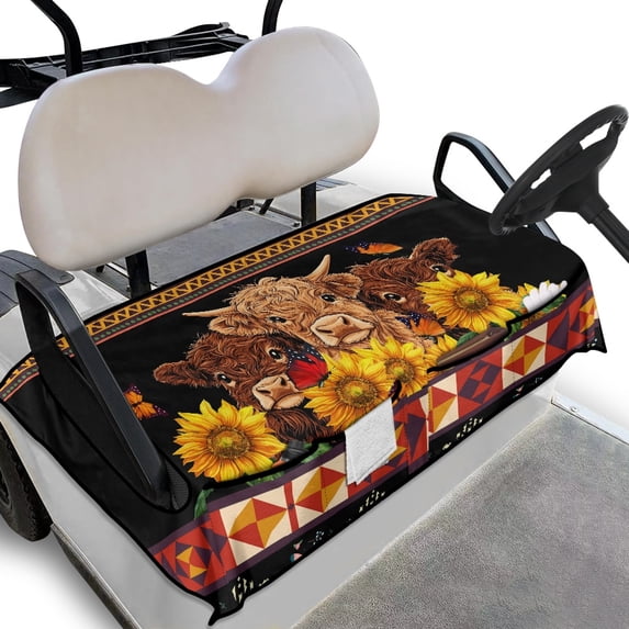 Whosucclay 4 Pockets Golf Cart Seat Towel Blanket Cover for Beach Outdoors, 4 Storage Pockets Anti-Scratch Golf Cart Seat Protector, Cow Sunflower