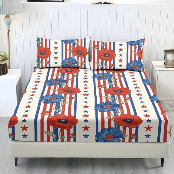 Whosucclay American Flag Floral Print 3 Piece Bedding for Kids Men, Fade Resistant Soft Fitted Set for Bedroom, Twin Size