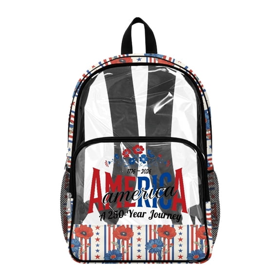 Whosucclay American Flag Floral Print Clear Backpack Large Capacity Heavy Duty Shoulder Bag with Lightweight PVC, Elementary Transparent School Bag for Girls Boys