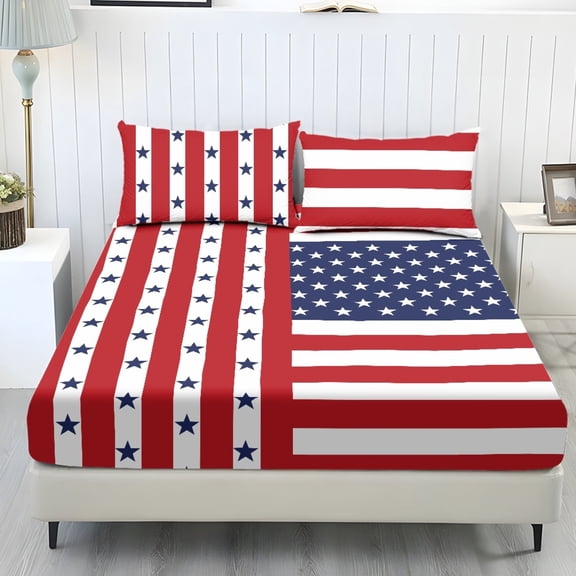 Whosucclay American Flag Striped 3 Piece Bed Linen for Men Kids, Soft Touch Deep Pocket Fit Fitted Sheets for Guest Room, King Size