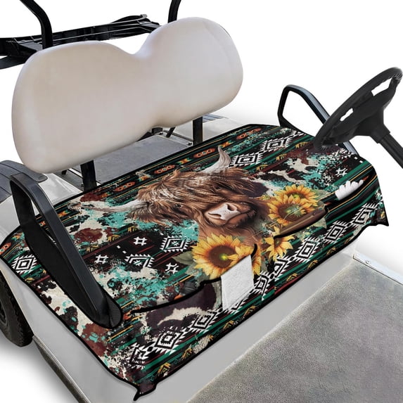 Whosucclay Anti-Scratch Golf Cart Seat Cover for Camping Beach, Durable Keeps Seat Cool and Clean Golf Cart Seat Towel Blanket, Highland Cow Sunflowers
