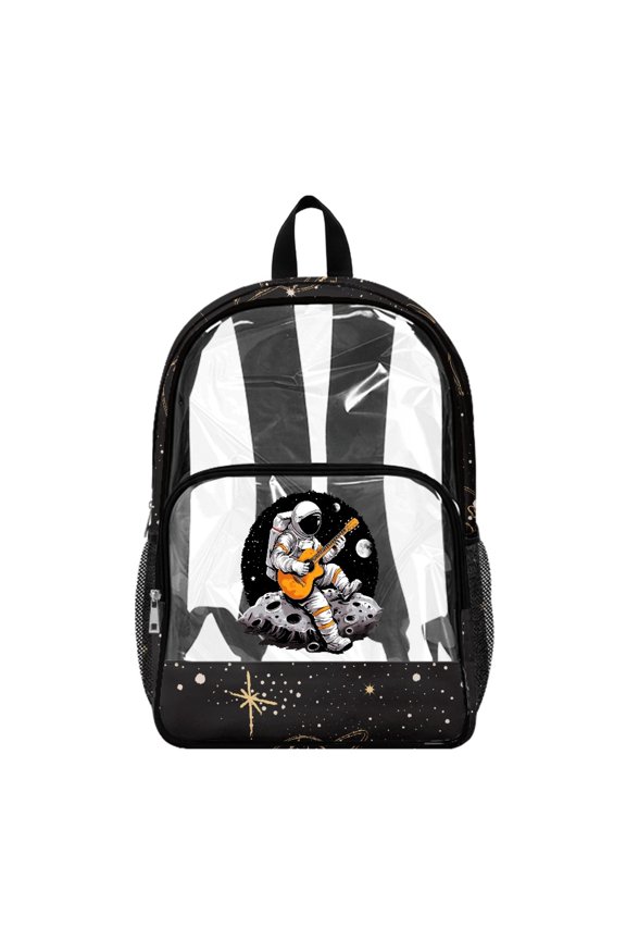 Astronaut Guitar Transparent PVC Bag Wear Resistant Large Capacity Backpack with Side Pockets PVC Polyester, Elementary Transparent Backpack