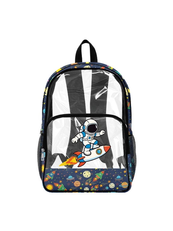 Astronaut Rocket Space Clear PVC Backpack for Girls Boys, Kindergarten Elementary Wide Shoulder Straps Adjustable Straps Clear Book Bag for Gym Concerts