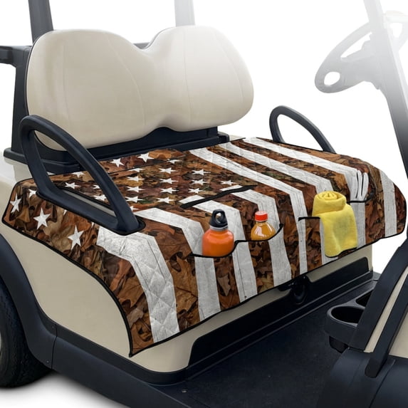 Whosucclay Autumn Leaf Flag Club Car Seat Covers, All-Weather Protection Quilted Golf Cart Seat Covers for EZGO Yamaha Carts 2-Person Carts 4 Storage Pockets