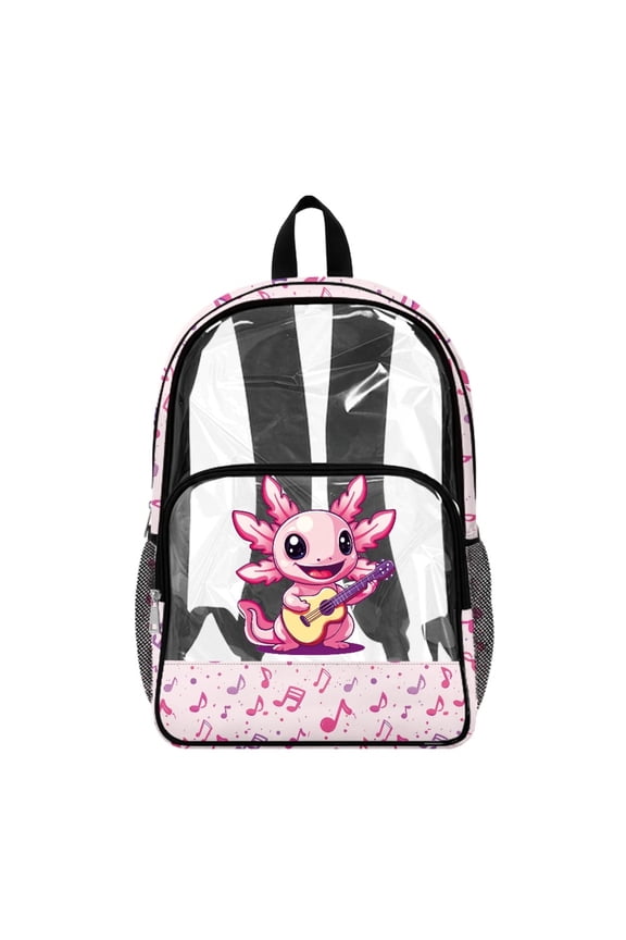 Axolotl Music Print Transparent Backpack for Girls Boys, Middle School Elementary Spacious Large Capacity Clear Backpack for Travel Stadium