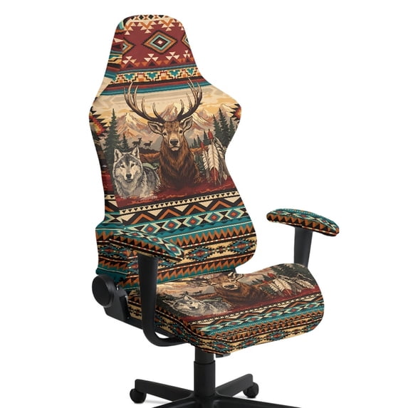 Whosucclay Aztec Tribe Deer Wolf Print 4 Pcs Gaming Chair Cover with 2 Pcs Armrest Slipcover, Stretchable Elastic Fit Cat Scratch Proof Gaming Chair Seat Cover Decor for Home, Studio