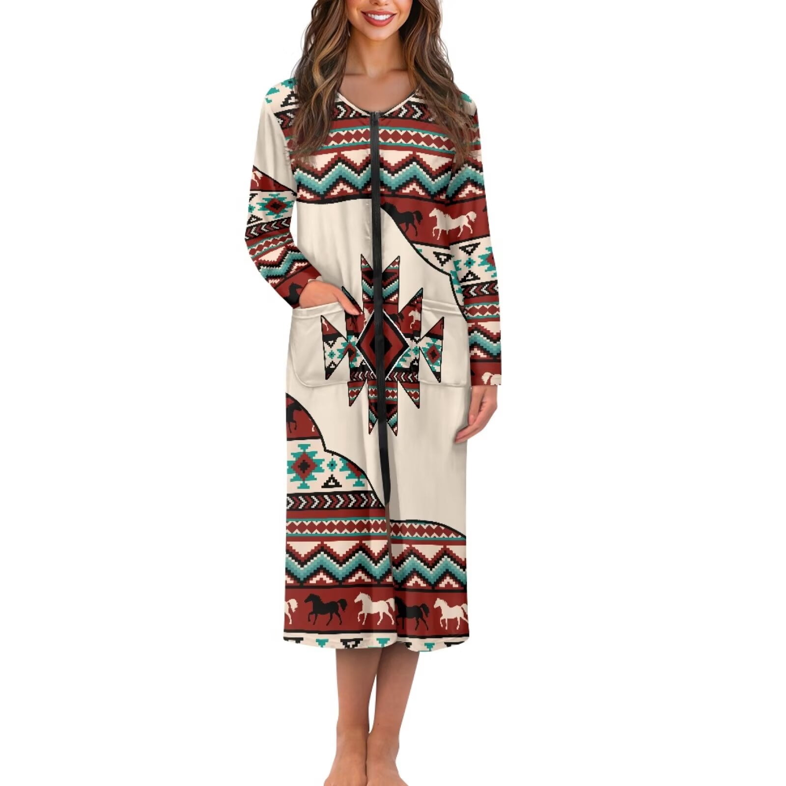 Authentic Aztec Robe Whosucclay Aztec Tribe Geometric Horse Print Women Nightgowns Sleep ...