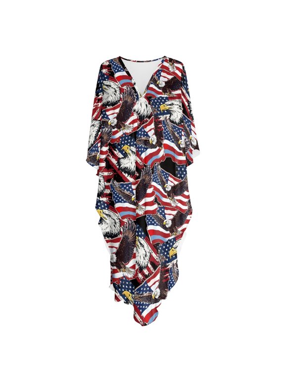 Bald Eagle American Flag Pattern Caftan Bathing Suit Cover Up for Women 70s Vintage Mumu Dress Plus Size V-Neck Hawaiian Caftan Dress for Vacation