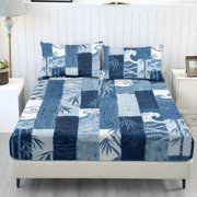 Whosucclay Bamboo Wave 3 Piece Fitted Sheet Set for Boys Men, Deep Pocket Deep Pocket Design Bed Linen for Bedroom, Full Size