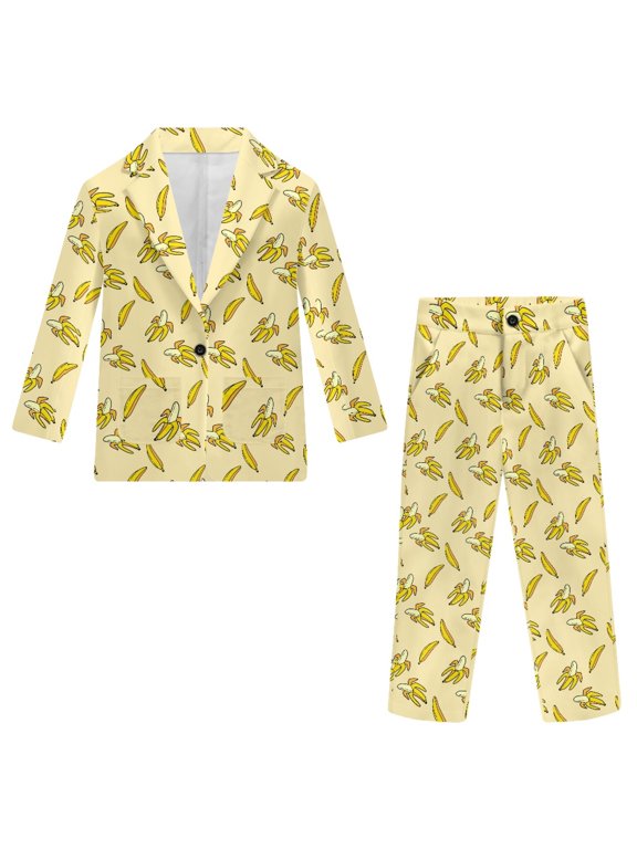 Banana Pattern Boys Suit, Polyester Boys Suit Set for Wedding Ring Bearer Graduation, Elastic Waist Two Front Pockets Single Button