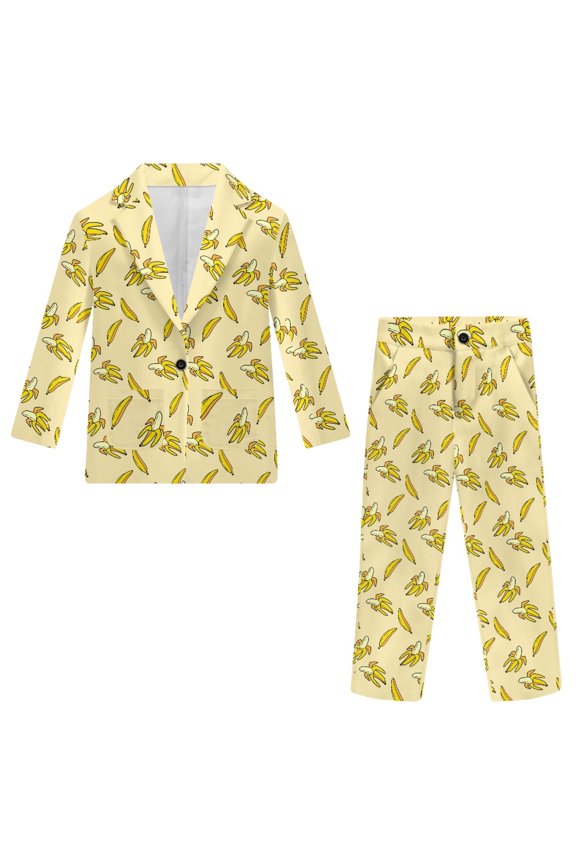 Banana Pattern Boys Suit, Polyester Boys Suit Set for Wedding Ring Bearer Graduation, Elastic Waist Two Front Pockets Single Button